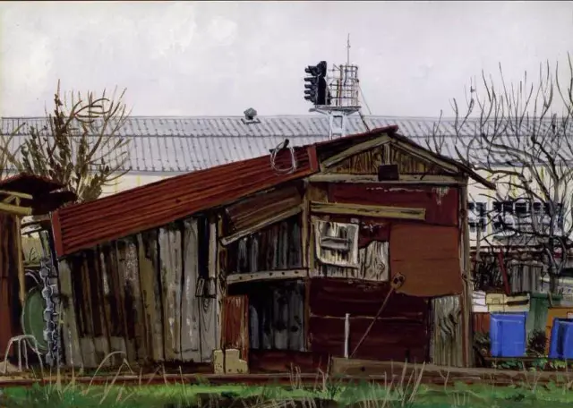 Chamiers : cabane de jardin familial, et hangar de l'usine SNCF en arrière-plan.
