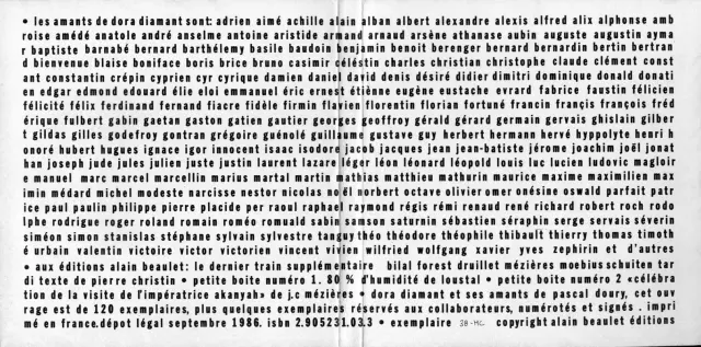 Dos de la jaquette de Dora Diamant et ses amants, de Pascal Doury, éd. Alain Beaulet 1986