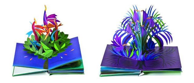 deux doubles pages extraites de Drôle d'Oiseau, livre pop-up d'UG édité par les éditions Les Grandes Personnes - 2011