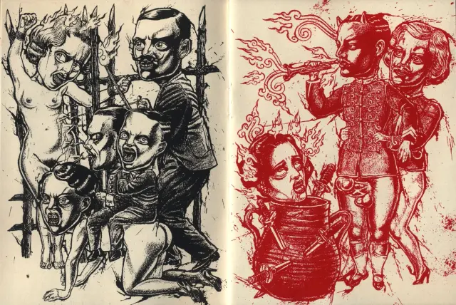 Double page d'Antoine Bernhart extraite de Gebrüder Grimm on Hexenschnaps, éd. Re:surgo ! 2013