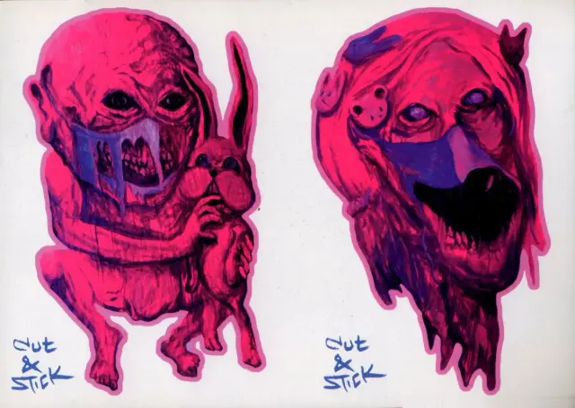 2 des 8 stickers accompagnant Kaizer Satan 3, de Dave 2000 - Éd. Le dernier Cri 2020