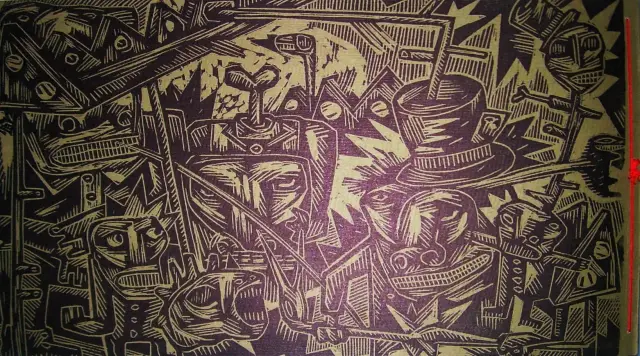 Quatrième de couverture en linogravure de Qu'on lui Coupe la Tête - Pakito Bolino