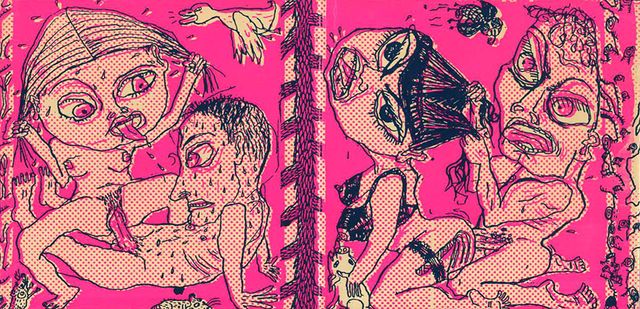 Double page recto de Caroline Sury extraite de Sex tonic avec animaux, éd. Le Dernier Cri 1996