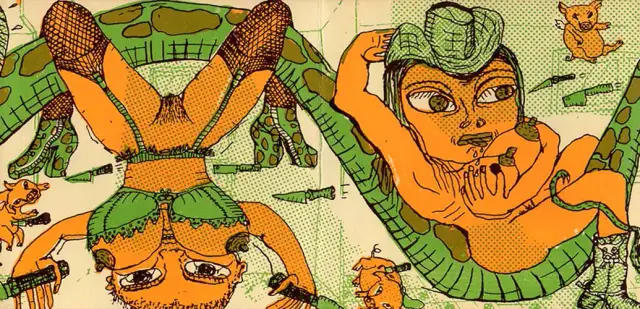 Double page verso de Caroline Sury extraite de Sex tonic avec animaux, éd. Le Dernier Cri 1996