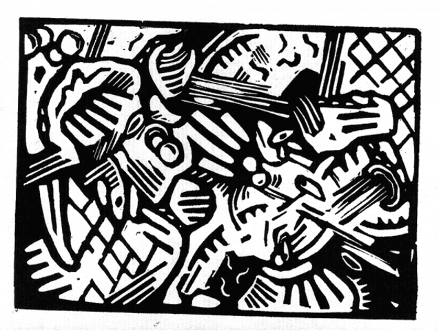 Une des dix linogravures constituant le portfolio Ton Ami, de Pakito Bolino