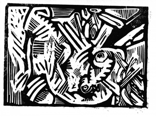Une des dix linogravures constituant le portfolio Ton Ami, de Pakito Bolino