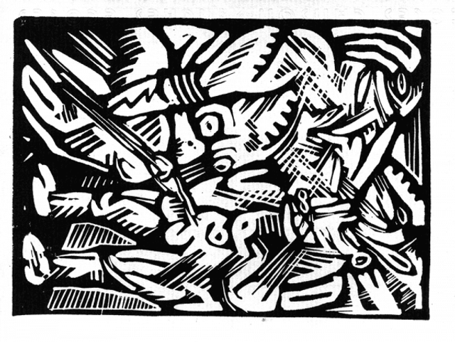 Une des dix linogravures constituant le portfolio Ton Ami, de Pakito Bolino
