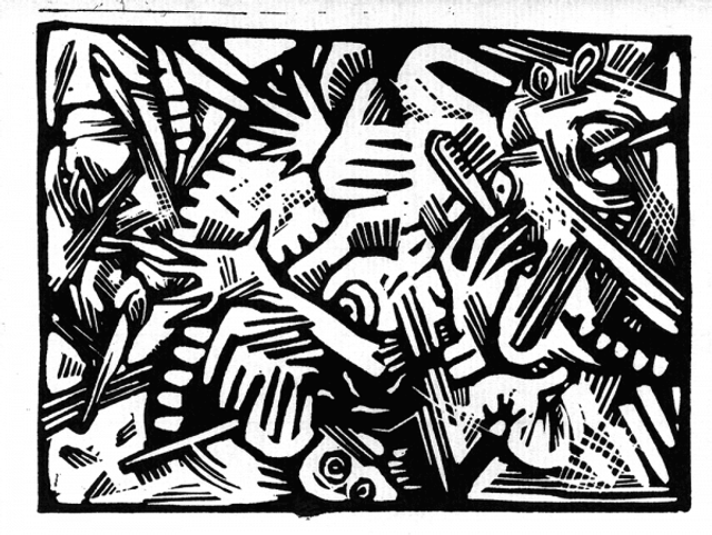 Une des dix linogravures constituant le portfolio Ton Ami, de Pakito Bolino