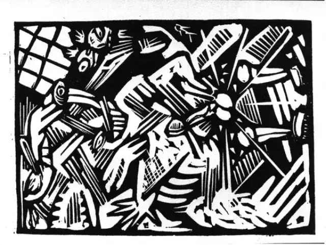 Une des dix linogravures constituant le portfolio Ton Ami, de Pakito Bolino
