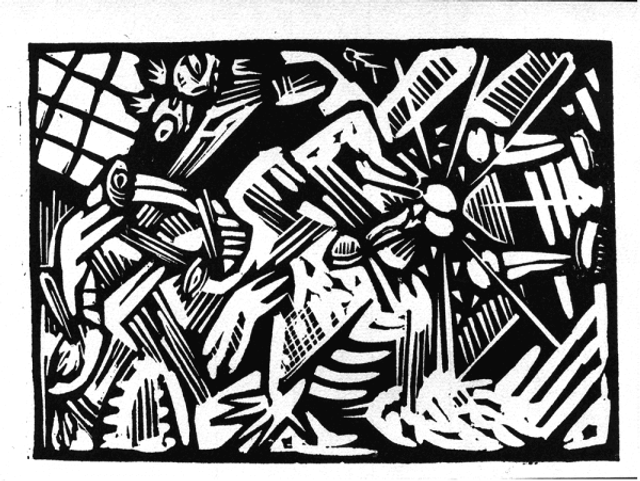 Une des dix linogravures constituant le portfolio Ton Ami, de Pakito Bolino