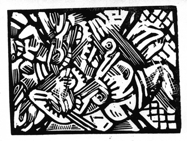 Une des dix linogravures constituant le portfolio Ton Ami, de Pakito Bolino