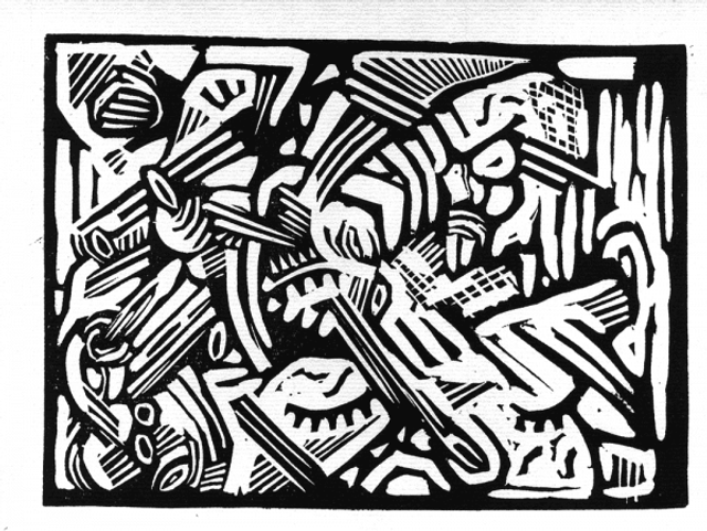 Une des dix linogravures constituant le portfolio Ton Ami, de Pakito Bolino